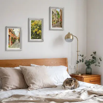 Lot de 3 tableaux représentant des rues charmantes avec des fleurs et des citrons en arrière-plan
