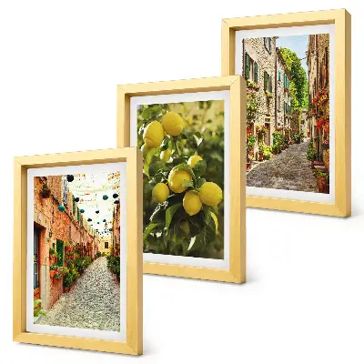 Lot de 3 tableaux représentant des rues charmantes avec des fleurs et des citrons en arrière-plan