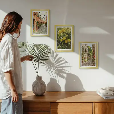 Lot de 3 tableaux représentant des rues charmantes avec des fleurs et des citrons en arrière-plan