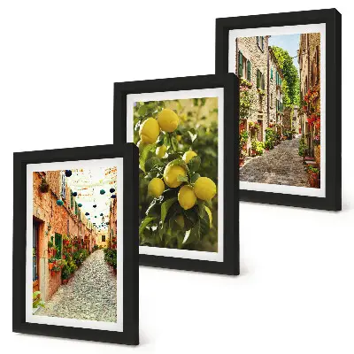 Lot de 3 tableaux représentant des rues charmantes avec des fleurs et des citrons en arrière-plan