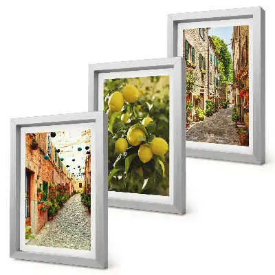 Lot de 3 tableaux représentant des rues charmantes avec des fleurs et des citrons en arrière-plan