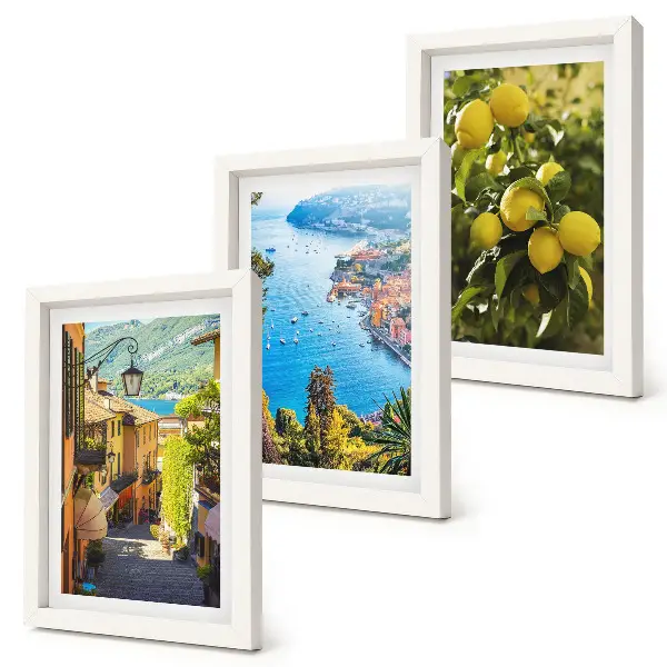 Ensemble de 3 tableaux représentant des rues pittoresques en bord de mer avec vue sur la mer et les citronniers