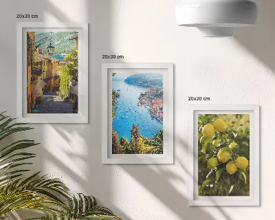 Ensemble de 3 tableaux représentant des rues pittoresques en bord de mer avec vue sur la mer et les citronniers