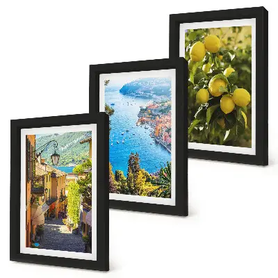 Ensemble de 3 tableaux représentant des rues pittoresques en bord de mer avec vue sur la mer et les citronniers