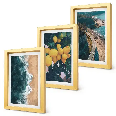 Mur de cadres avec des motifs de plage, citrons, paysages montagneux et route côtière