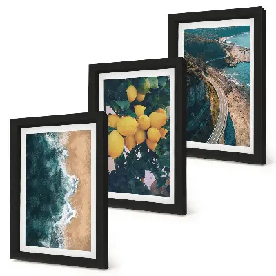 Mur de cadres avec des motifs de plage, citrons, paysages montagneux et route côtière