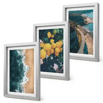 Mur de cadres avec des motifs de plage, citrons, paysages montagneux et route côtière