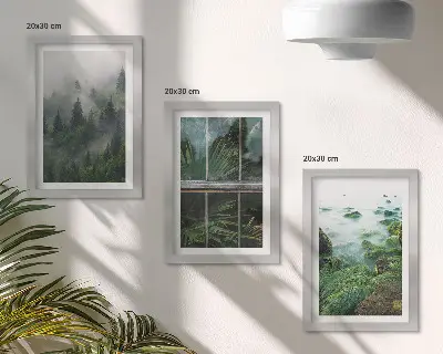 Mur de cadres avec forêt brumeuse, rive de rivière et serre végétale