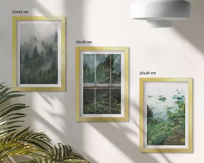 Mur de cadres avec forêt brumeuse, rive de rivière et serre végétale