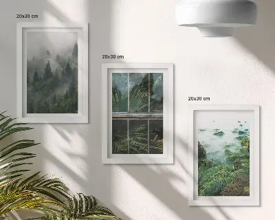 Mur de cadres avec forêt brumeuse, rive de rivière et serre végétale