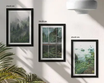 Mur de cadres avec forêt brumeuse, rive de rivière et serre végétale
