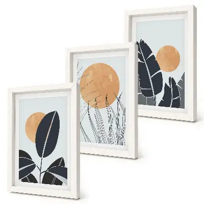 Lot de 3 tableaux motifs végétaux avec de grands soleils au style minimaliste