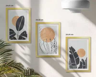 Lot de 3 tableaux motifs végétaux avec de grands soleils au style minimaliste