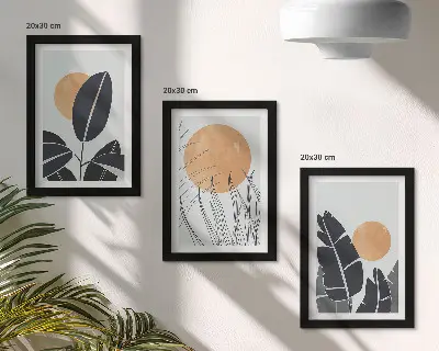 Lot de 3 tableaux motifs végétaux avec de grands soleils au style minimaliste