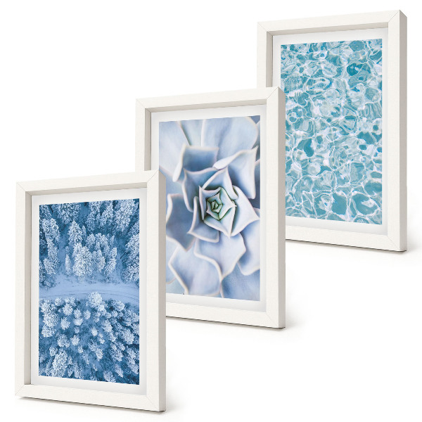 Ensemble de 3 tableaux Forêt d'hiver, fleurs bleues, surface de l'eau bleue