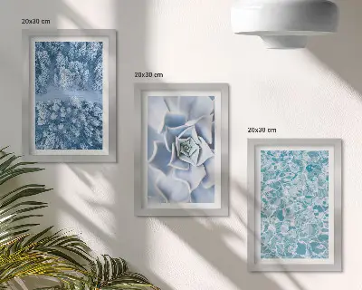 Ensemble de 3 tableaux forêt d'hiver avec des fleurs bleues et une surface d'eau bleue