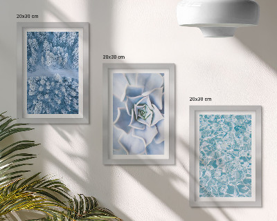 Ensemble de 3 tableaux Forêt d'hiver, fleurs bleues, surface de l'eau bleue