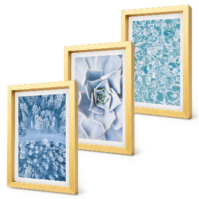 Ensemble de 3 tableaux Forêt d'hiver, fleurs bleues, surface de l'eau bleue