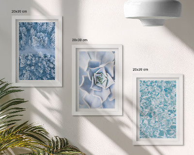 Ensemble de 3 tableaux Forêt d'hiver, fleurs bleues, surface de l'eau bleue