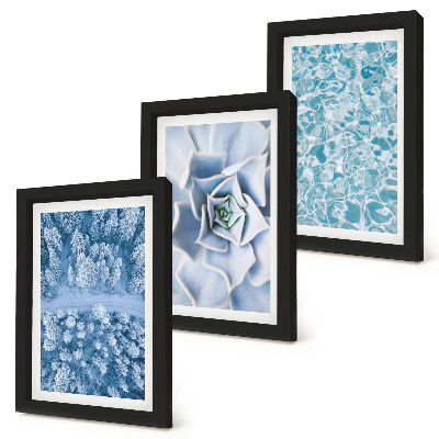 Ensemble de 3 tableaux Forêt d'hiver, fleurs bleues, surface de l'eau bleue