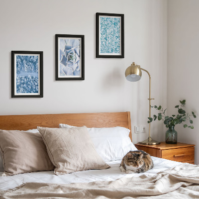 Ensemble de 3 tableaux Forêt d'hiver, fleurs bleues, surface de l'eau bleue