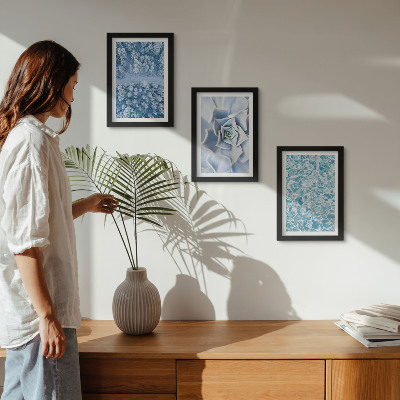 Ensemble de 3 tableaux Forêt d'hiver, fleurs bleues, surface de l'eau bleue