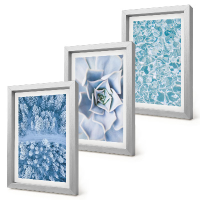 Ensemble de 3 tableaux Forêt d'hiver, fleurs bleues, surface de l'eau bleue