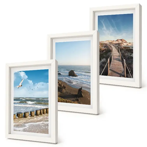 Lot de 3 tableaux représentant une vue de la plage avec les vagues, le ciel et une jetée