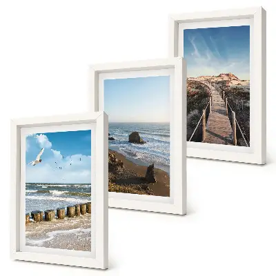 Lot de 3 tableaux représentant une vue de la plage avec les vagues, le ciel et une jetée