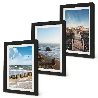 Lot de 3 tableaux représentant une vue de la plage avec les vagues, le ciel et une jetée