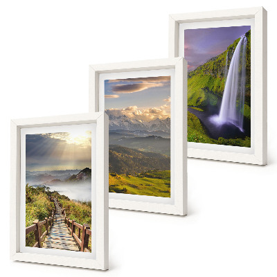 Lot de 3 tableaux Paysages de montagne pittoresques avec une cascade et un sentier