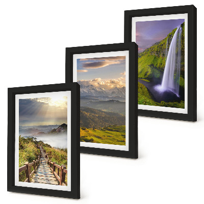 Lot de 3 tableaux Paysages de montagne pittoresques avec une cascade et un sentier