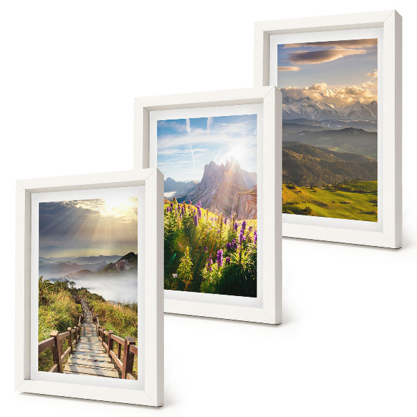 Ensemble de 3 tableaux Paysages de montagne avec fleurs, ciel et chemin
