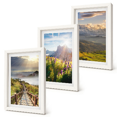 Ensemble de 3 tableaux Paysages de montagne avec fleurs, ciel et chemin