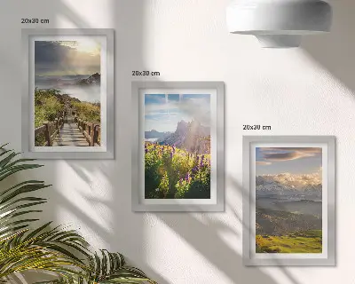 Ensemble de 3 tableaux représentant des paysages de montagne avec des fleurs, un ciel et un chemin