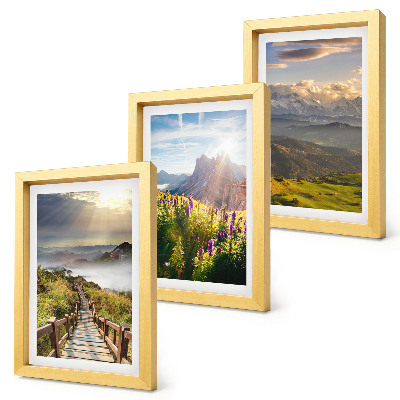 Ensemble de 3 tableaux Paysages de montagne avec fleurs, ciel et chemin
