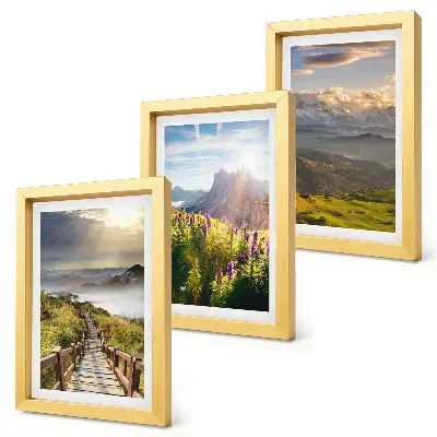 Ensemble de 3 tableaux représentant des paysages de montagne avec des fleurs, un ciel et un chemin