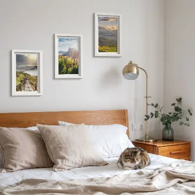 Ensemble de 3 tableaux représentant des paysages de montagne avec des fleurs, un ciel et un chemin