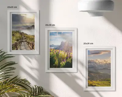 Ensemble de 3 tableaux représentant des paysages de montagne avec des fleurs, un ciel et un chemin