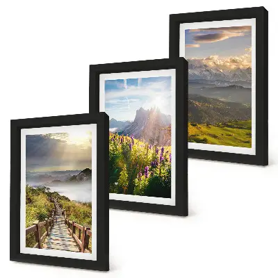Ensemble de 3 tableaux représentant des paysages de montagne avec des fleurs, un ciel et un chemin