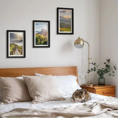 Ensemble de 3 tableaux représentant des paysages de montagne avec des fleurs, un ciel et un chemin