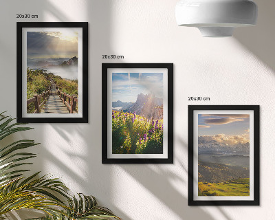 Ensemble de 3 tableaux Paysages de montagne avec fleurs, ciel et chemin