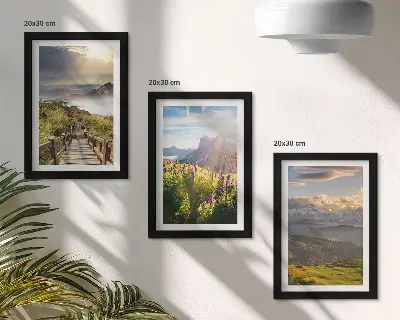 Ensemble de 3 tableaux représentant des paysages de montagne avec des fleurs, un ciel et un chemin