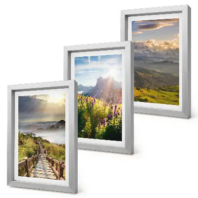 Ensemble de 3 tableaux représentant des paysages de montagne avec des fleurs, un ciel et un chemin