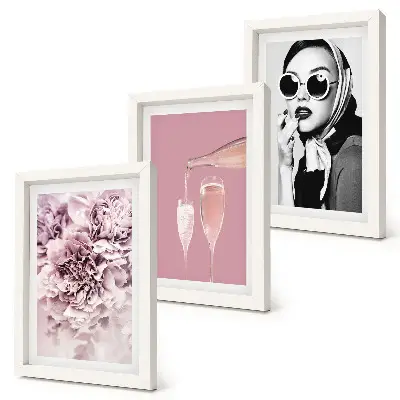 Lot de 3 tableaux représentant des fleurs dans les tons roses et une femme élégante