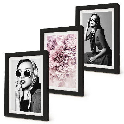 Ensemble de 3 tableaux Portraits élégants de femmes avec des fleurs roses