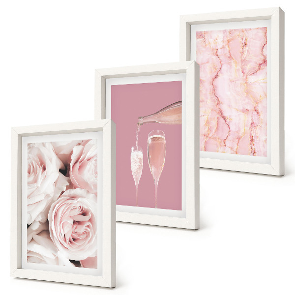Mur de cadres Roses champagne et fond en marbre pastel