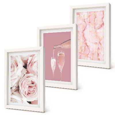 Mur de cadres Roses champagne et fond en marbre pastel