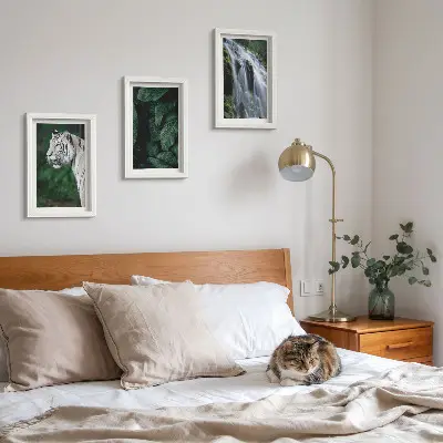 Lot de 3 tableaux représentant des feuilles de tigre blanc et une cascade dans la nature