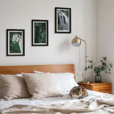Lot de 3 tableaux représentant des feuilles de tigre blanc et une cascade dans la nature